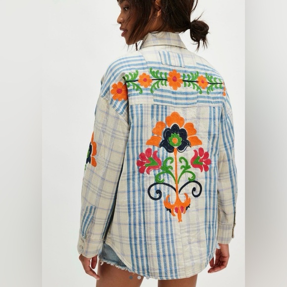 NWT We The Free Blue Plaid Sashiko Flannel Shirt with Floral Embroidery M - Picture 10 of 11
